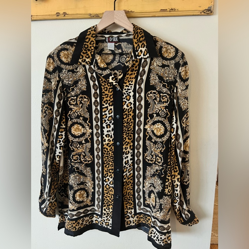 Silk Leopard Print Blouse Button Down Size Medium